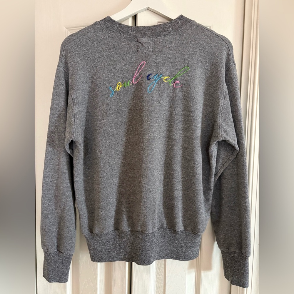 Monrow Soul Cycle Shirt in Gray with Blue, Green, Yellow, and Pink Embroidery